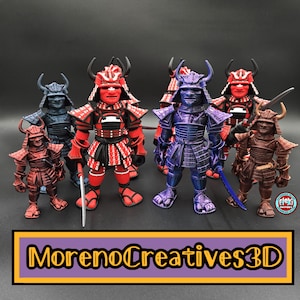 May include: A collection of detailed samurai warrior figurines in various colors, including red, blue, and brown. Each figure is equipped with traditional armor and a sword. The figures are arranged against a dark background.