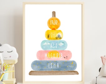 Islamic 5 Daily Prayers Kids Print, Muslim Nursery Decor (Digital Download)