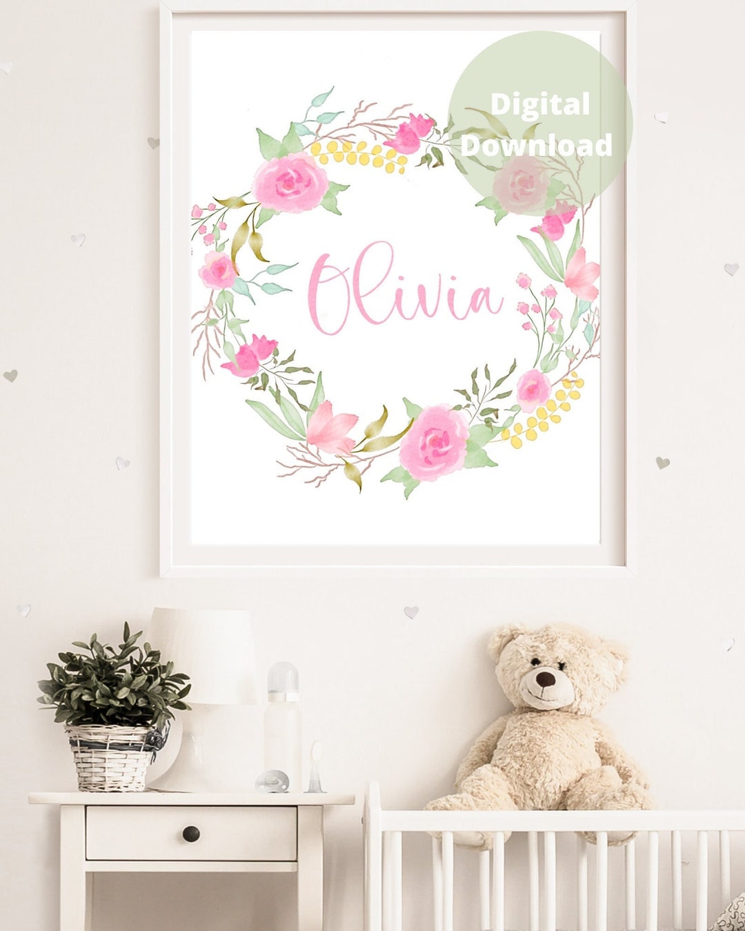 Personalised Pink Floral Nursery Wall Art Printable Wreath Watercolour ...