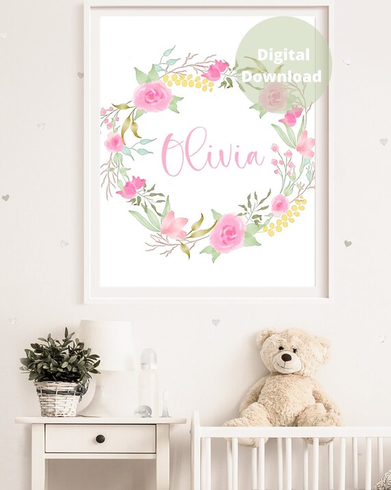 Personalised Pink Floral Nursery Wall Art Printable Wreath Etsy