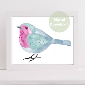 Bird Printable Wall Art in Pink and Blue Watercolour