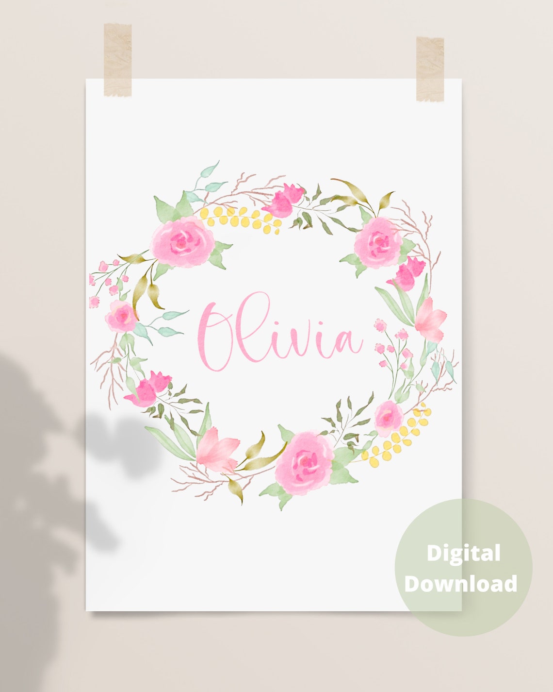 Personalised Pink Floral Nursery Wall Art Printable Wreath Etsy