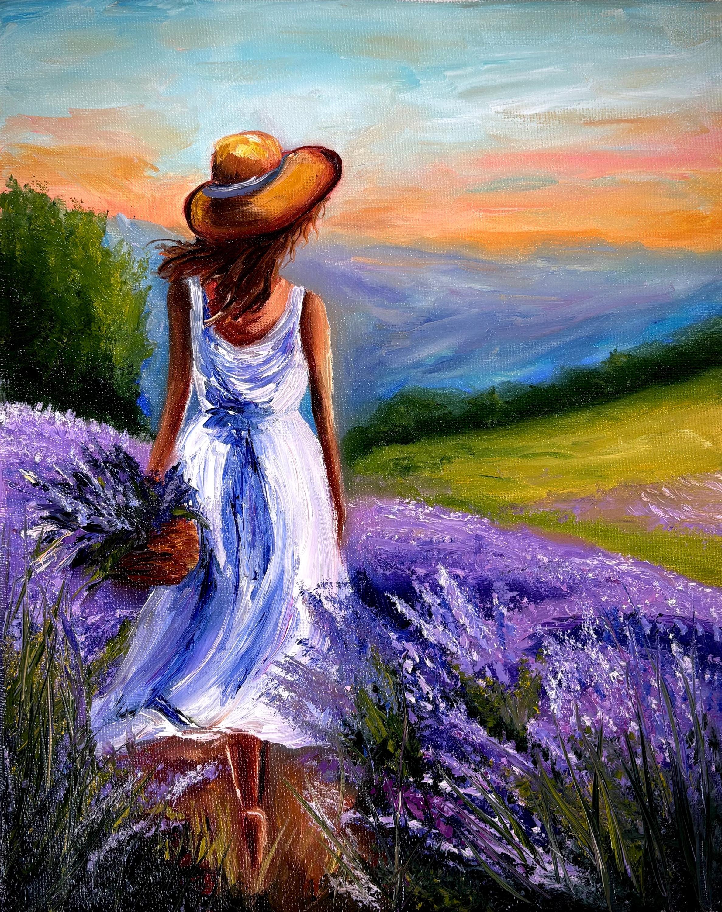 夕暮れのラベンダー畑の少女 - ロマンチックな夏の風景油絵