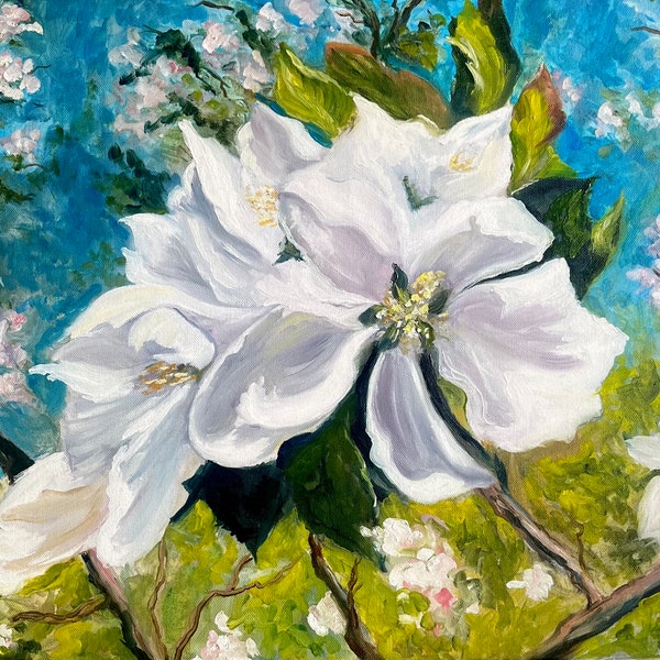 Oil painting apple blossom, blossom painting, spring, artwork blossom oil painting, original oil painting white blue flowers, art picture