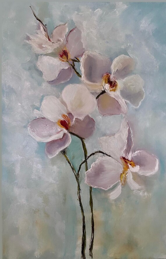 油絵蘭、白い蘭の絵、蘭の花の油絵白、アートワーク キャンバス上の蘭 