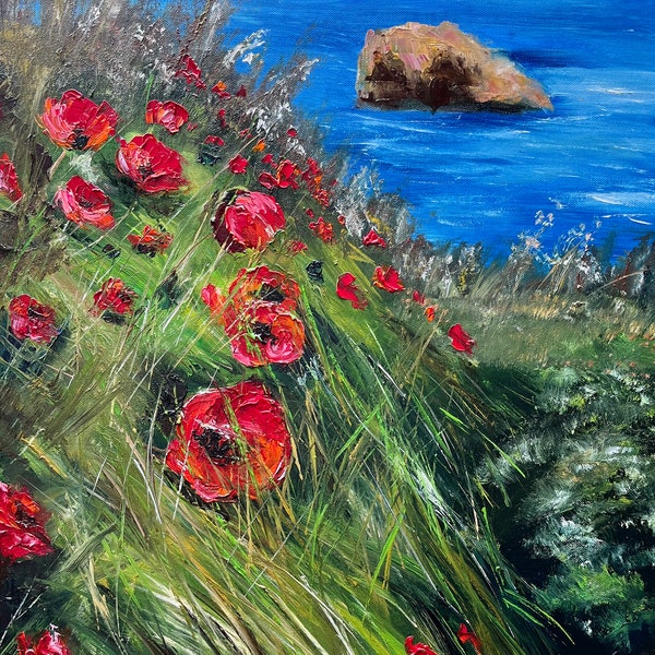 Oil painting Poppies, Poppies picture, flowers oil painting, red flowers, sea oil painting, Poppies and sea oil painting, wall decoration