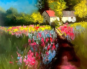 Spring picture oil painting, flowers in field, bright field oil painting, country house painting, country life oil painting, village house
