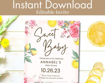 Editable Blush Lemon Baby Shower Invite, Floral Baby Invitation, Baby In Bloom, Girl Baby Shower, Citrus Baby Sprinkle, Pink Baby Shower