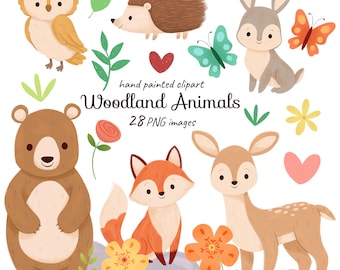 Woodland animals hand painted clipart, forest animals clip art, nursery decor, bear, fox, owl, hedgehog, bunny rabbit, deer, woodland PNG
