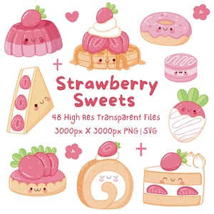 Strawberry Dessert Clipart, PNG, SVG, Kawaii Vector Art, Kawaii Clipart, Food Clipart, Cute Desserts, Kawaii Food Clipart, Kawaii food SVG