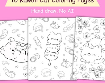 Dibujos para colorear de gatos kawaii / 10 páginas / Dibujos para colorear lindos / Para niños y adultos / Descarga digital / 21,5 x 28 cm / Dibujo a mano (sin IA)
