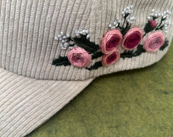 Rose Bouquet Embroidered Corduroy Baseball Cap