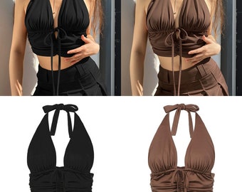 Women Cut Out Vest Halter Wrap Fitted Crop Top Solid Cami Tank Tops - Black/Coffee M/L Festival Top