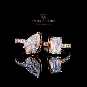 The Gemma | 1.75ctw Pear & Emerald Cut Lab Grown Diamond Toi Et Moi Ring | Two Stone Engagement | Fashion Ring | Right Hand Gift Jewelry