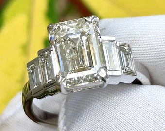 The Everly | 4.70ctw Lab Grown Emerald Cut Baguette Diamond Ring | 5 Stone Engagement Ring | Wedding Band | Anniversary Gift | Proposal Ring