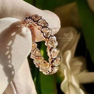 Anillo de eternidad con diamantes cultivados en laboratorio y bisel con corte de corazón / Anillo de eternidad completo de media eternidad o 3/4 / Oro de 10k, 14k y 18k / Boda / Aniversario / Regalo para ella