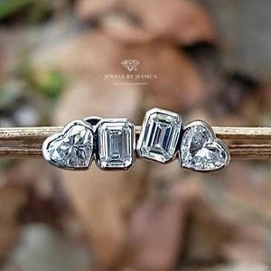 2ctw Toi et Moi Stud Earrings | Lab Grown Diamond | Bezel Heart & Emerald Cut Moi et Toi Earrings in 10k 14k 18k Gold Pushback or Screwback