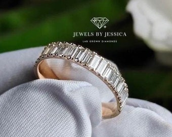 Baguette Diamond Wedding Band 14K Solid Gold Half Eternity Baguette Lab ...