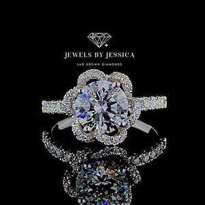 The Rosalyn | 1.50ctw Lab Grown Round Diamond Floral Engagement Ring | Flower Halo Solitaire | Tulip Rose Nature Inspired Ring Gift for Her