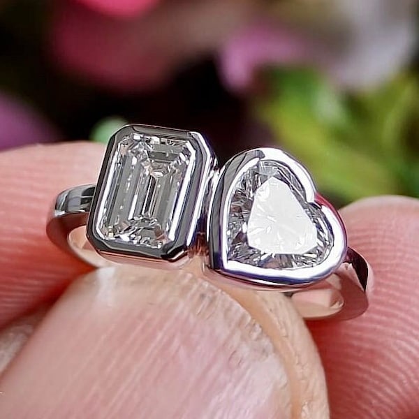 The "Kellie"- 1.40ct. Heart and Emerald Cut Bezel Set Toi Et Moi Ring/Two Stone Ring Set in 14k Gold.