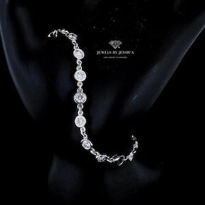 4.55ctw Lab Grown Diamond Station Bracelet | Bezel Set Round Cut Diamonds by the Yard Tennis Bracelet | 10k 14k 18k Gold Platinum Jewelry