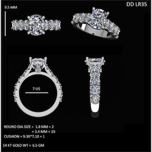 May include: A silver engagement ring with a cushion-cut center stone and a diamond band. The ring is size 7 US. The center stone is 1.8 mm and the band is 3.4 mm. The ring is made of 14 karat gold and weighs 6.5 grams. DD LR35