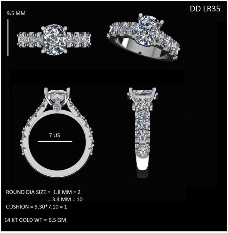 May include: A silver engagement ring with a cushion-cut center stone and a diamond band. The ring is size 7 US. The center stone is 1.8 mm and the band is 3.4 mm. The ring is made of 14 karat gold and weighs 6.5 grams. DD LR35