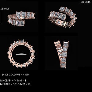 May include: A rose gold eternity band with princess and emerald cut diamonds. The band is 7.25 US size and has a total weight of 4 grams. The band is made of 14 karat gold.