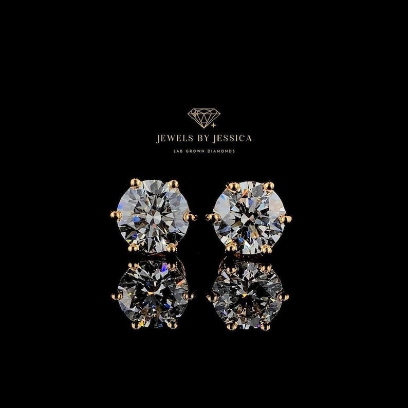 Round Cut-Lab Grown Diamond Solitaire Stud Earrings w/6 Prongs in 14k Gold for Men/Women. Certified Diamonds, Jewelry, Push or Screwback. Vintage Inspired, Casual Earrings, Everyday Earrings, Womens Jewelry