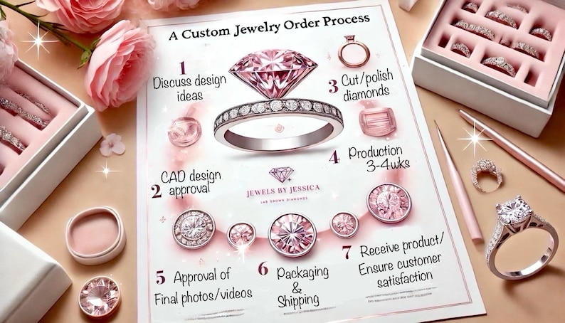 May include: A custom jewelry order process diagram with a diamond ring, gemstones, and text. The process includes discussing design ideas, CAD design approval, diamond cutting, production, and packaging. Jewelry boxes and rings are also visible.