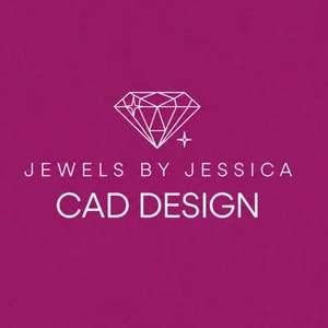 May include: A magenta graphic featuring a white line-art diamond icon with two small four-pointed stars. Below the diamond, the text reads JEWELS BY JESSICA in a thin sans-serif font, followed by the larger, bold text CAD DESIGN in white.