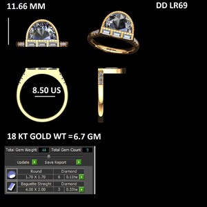 May include: A gold ring with a half-moon shaped diamond and baguette diamonds set in a gold band. The ring is 11.66 mm wide and weighs 6.7 grams. The total gem weight is 0.44 carats and the total gem count is 9. The ring is labeled "DD LR69".
