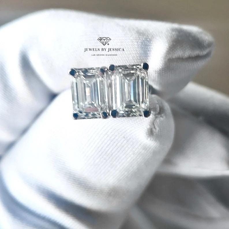 3ctw. Emerald Cut Lab Grown Diamond Solitaire Earrings in 14k Gold. Stud Earrings, Solitaire Studs, Womens Jewelry, Unisex Earrings