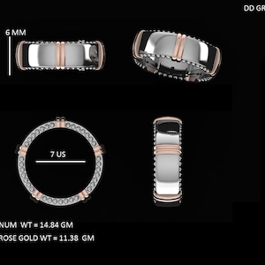 May include: A platinum and rose gold wedding band with a textured edge and two rose gold bands. The band is size 7 US and measures 6 mm wide. The platinum weight is 14.84 grams and the rose gold weight is 11.38 grams.