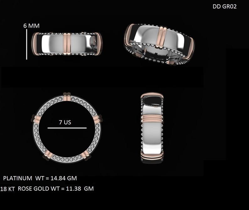 May include: A platinum and rose gold wedding band with a textured edge and two rose gold bands. The band is size 7 US and measures 6 mm wide. The platinum weight is 14.84 grams and the rose gold weight is 11.38 grams.