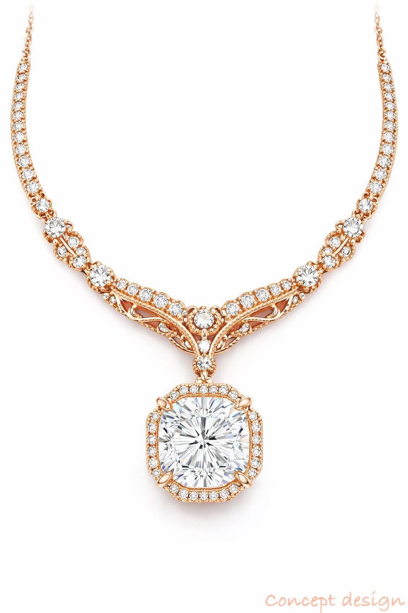 May include: A rose gold necklace featuring a large, square-cut diamond pendant surrounded by smaller diamonds. The necklace has a delicate, ornate design with additional diamond accents along the chain.