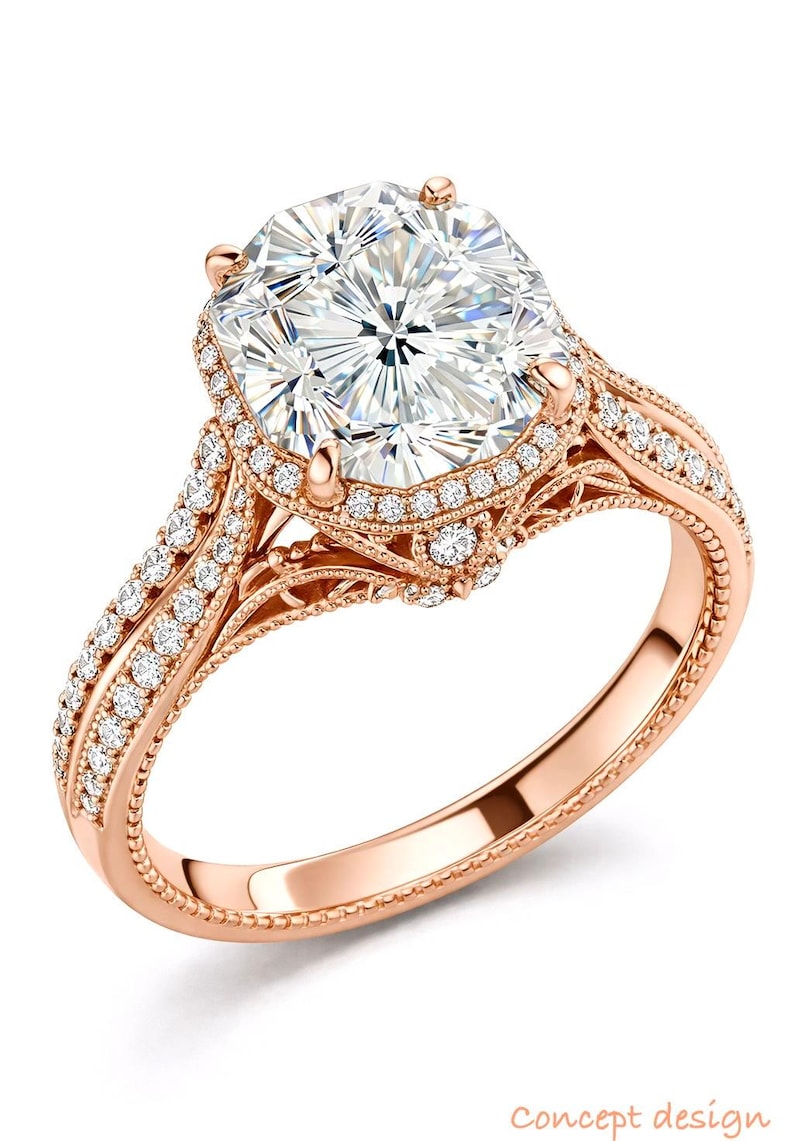 May include: Rose gold engagement ring featuring a large, square-cut diamond center stone surrounded by a halo of smaller diamonds. The band is adorned with intricate filigree and additional diamonds, creating a sparkling and elegant design. The ring is a concept design.