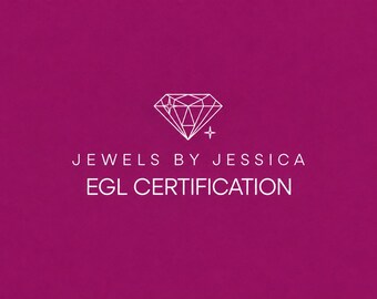 May include: A magenta background featuring a white line-art diamond icon with two small four-pointed stars. Below the icon, the text reads JEWELS BY JESSICA in a sans-serif font, followed by the text EGL CERTIFICATION in a larger white font.