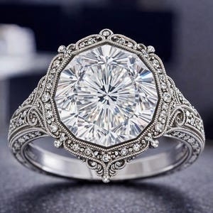 May include: A detailed, silver-toned ring with a large, faceted, clear gemstone at its center. The ring features intricate filigree and small accent stones around the main stone and along the band. The words "Concept design" are at the bottom.