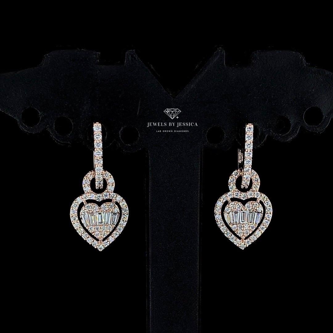 1.15ctw Lab Grown Baguette Diamond Drop Earrings | Heart Shaped Dangle Pavé Leverback Huggie Earrings | 10k 14k 18k Gold