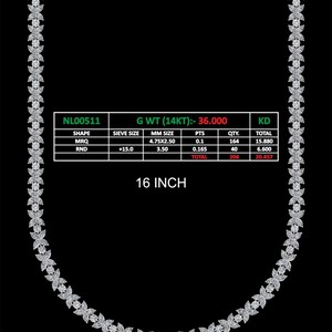 May include: A silver necklace with a 16 inch chain and a design of small, white, flower-shaped stones. The necklace is 8mm wide. The necklace is made of 14 karat gold and weighs 36.000 grams. The necklace is made up of 204 stones, with 164 stones measuring 4.75x2.50 mm and 40 stones measuring 3.50 mm. The stones are 0.1 carats each.