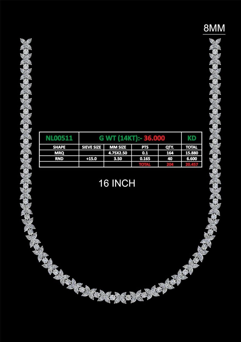 May include: A silver necklace with a 16 inch chain and a design of small, white, flower-shaped stones. The necklace is 8mm wide. The necklace is made of 14 karat gold and weighs 36.000 grams. The necklace is made up of 204 stones, with 164 stones measuring 4.75x2.50 mm and 40 stones measuring 3.50 mm. The stones are 0.1 carats each.