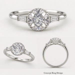 May include: A silver engagement ring featuring a large, round, clear central gemstone, encircled by smaller stones. The ring has a slender band and two baguette-cut stones on either side of the main stone. The words "Concept Ring Design" are at the bottom.