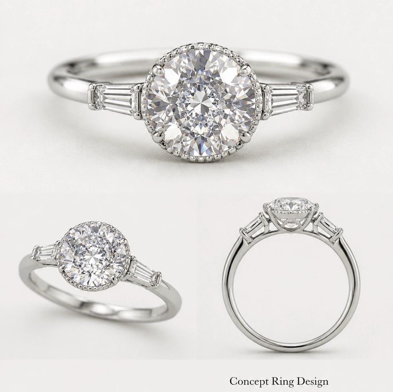 May include: A silver engagement ring featuring a large, round, clear central gemstone, encircled by smaller stones. The ring has a slender band and two baguette-cut stones on either side of the main stone. The words "Concept Ring Design" are at the bottom.