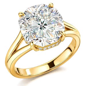 May include: A radiant gold ring featuring a large, square-cut diamond. The diamond sparkles with numerous facets, set in a split-shank band. Small accent stones are set around the diamond's base. The ring is a concept design.