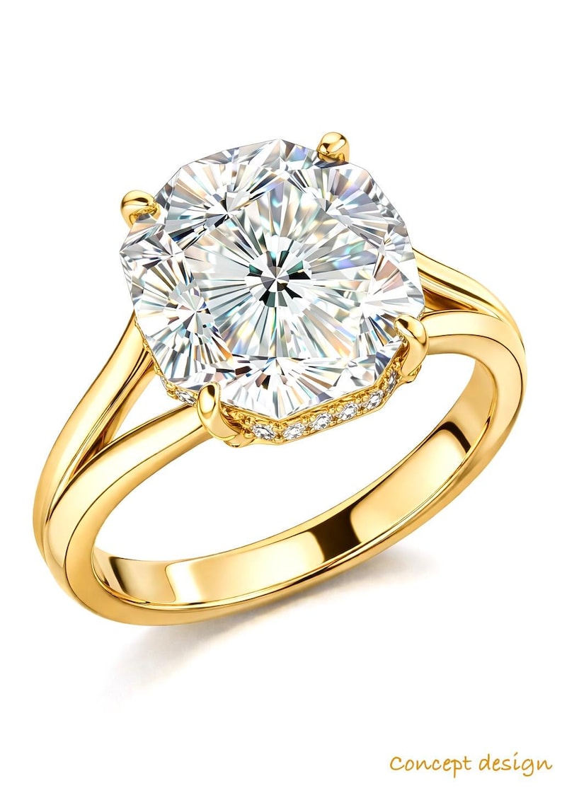 May include: A radiant gold ring featuring a large, square-cut diamond. The diamond sparkles with numerous facets, set in a split-shank band. Small accent stones are set around the diamond's base. The ring is a concept design.