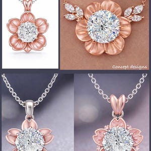 May include: A rose gold flower pendant necklace with a large, round, clear gemstone center. The flower has five petals and is suspended from a delicate silver chain. The necklace is displayed in multiple views.