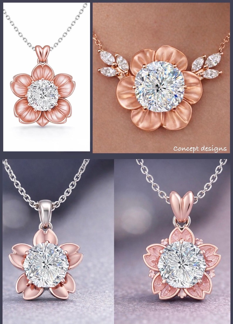 May include: A rose gold flower pendant necklace with a large, round, clear gemstone center. The flower has five petals and is suspended from a delicate silver chain. The necklace is displayed in multiple views.
