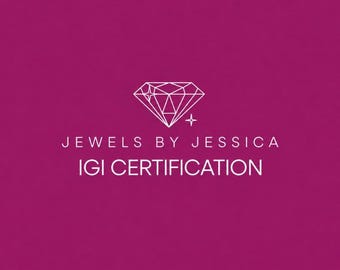 May include: A magenta background featuring a white line-art diamond icon with two small four-pointed stars. Below the icon, the text reads JEWELS BY JESSICA in a sans-serif font, followed by the text IGI CERTIFICATION in a matching white font.