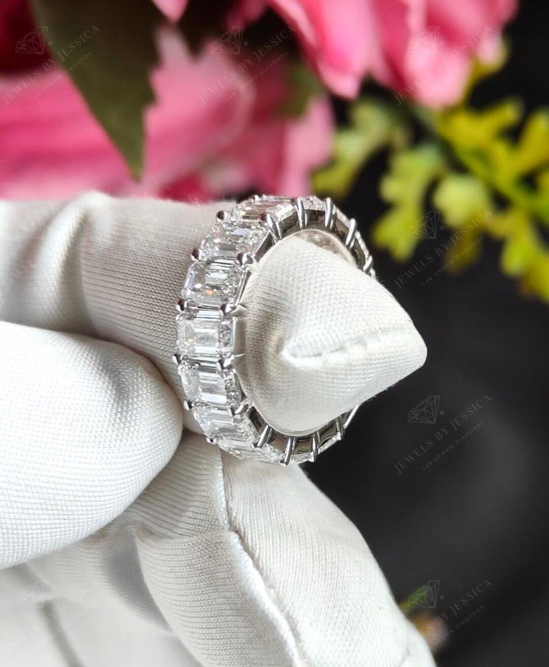 Emerald Cut Lab Grown Diamond Eternity Band 6.40CTW Wedding Ring Mens ...
